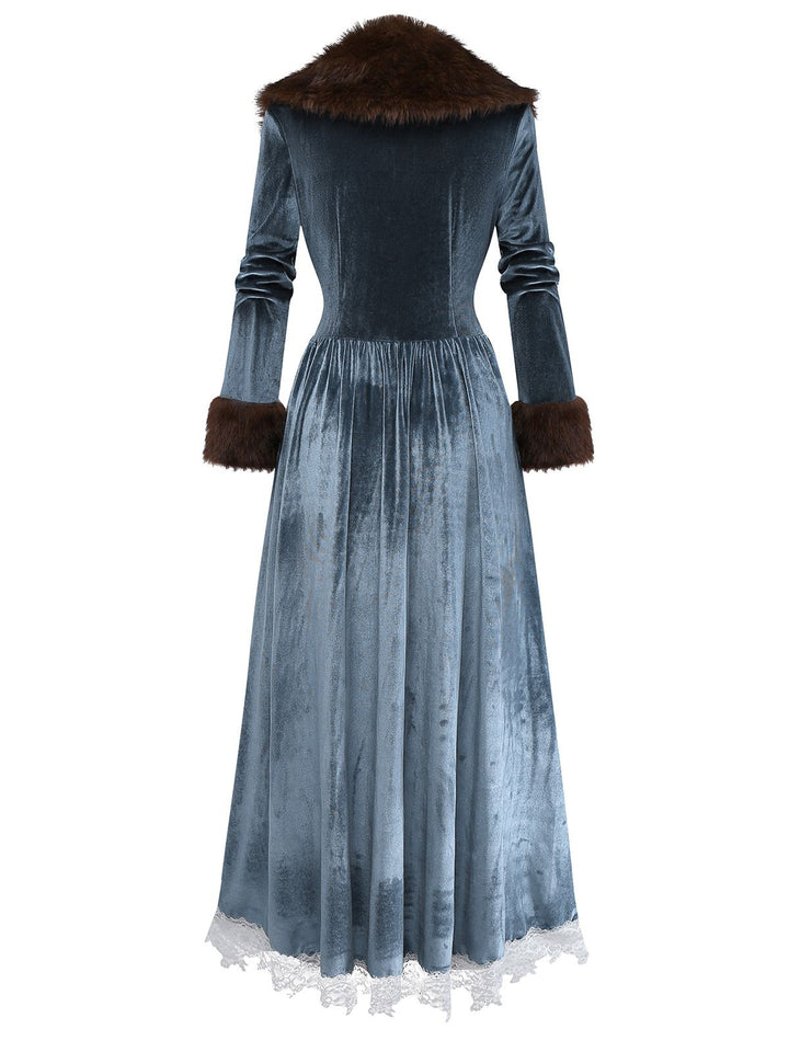 Blue 1930s Faux Fur Lace Patchwork Velvet Dress - vintage dress, fashion