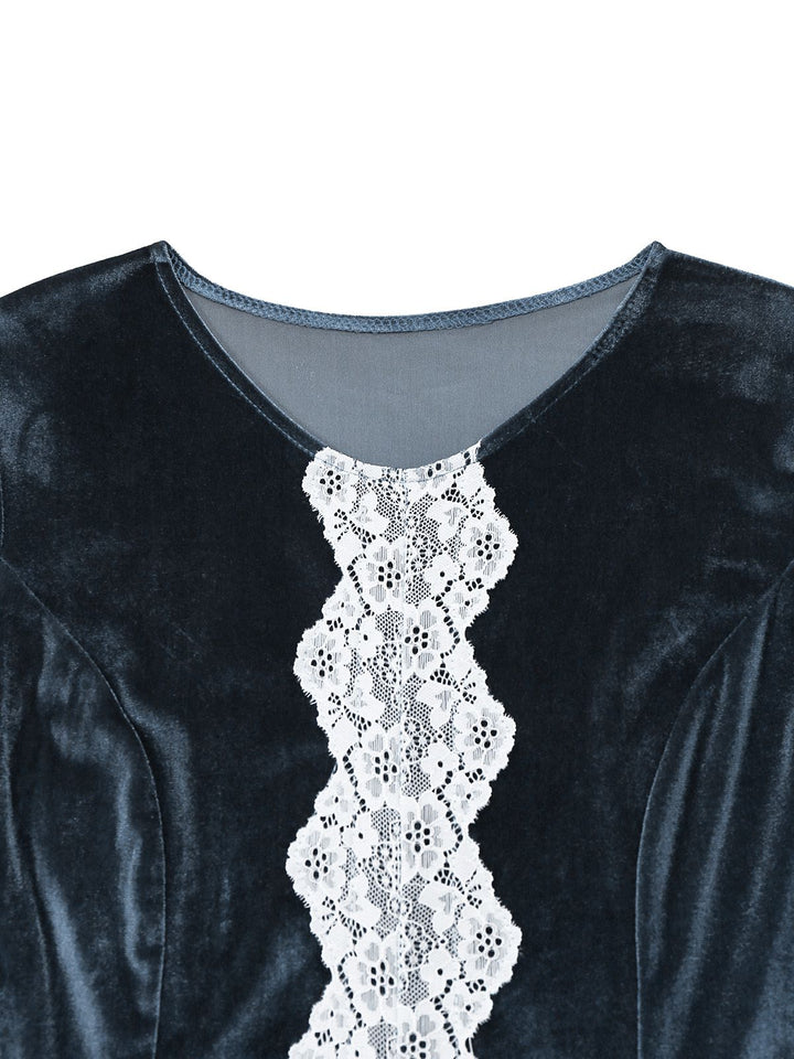 Blue 1930s Faux Fur Lace Patchwork Velvet Dress - vintage dress, fashion