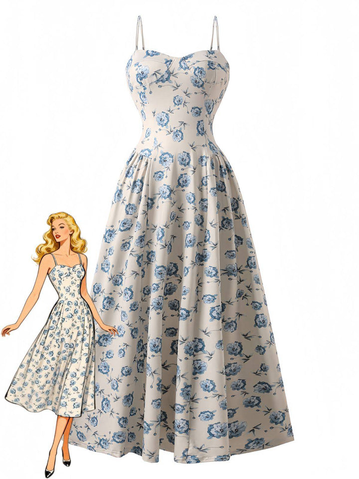 Blue 1930s Floral Spaghetti Strap Maxi Dress - vintage dress, retro fashion