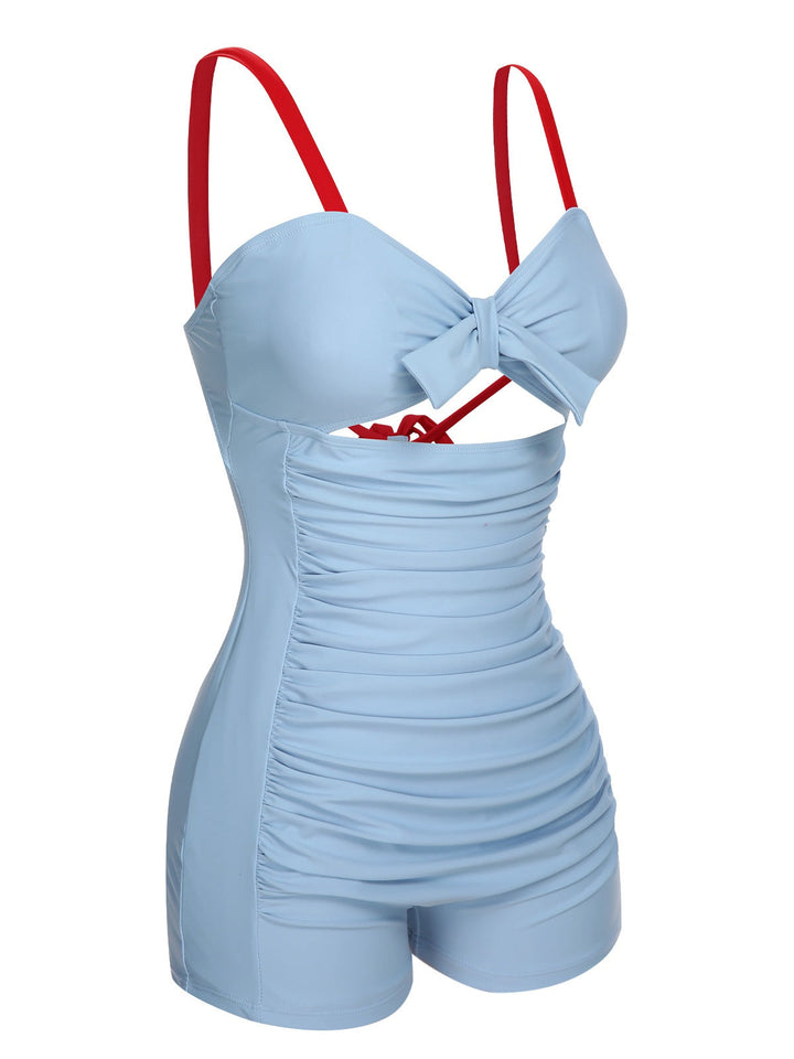 Blue Folds Back Strap One-Piece Swimsuit, vintage swimsuit, swimwear - perfect for women who love vintage and retro fashion
