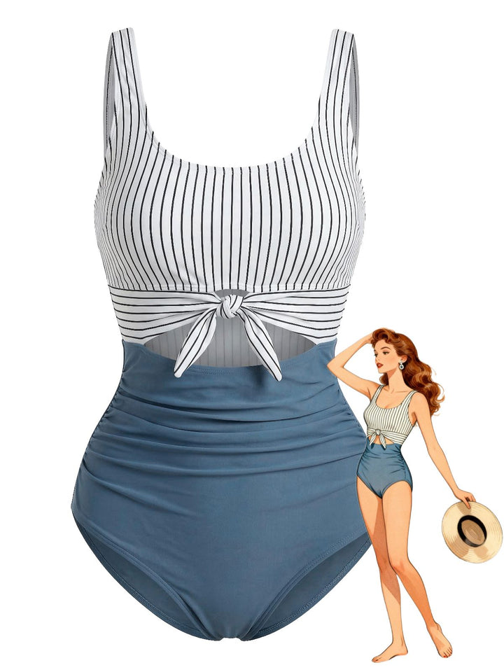 Blue High-Waist Stripe Cutout One-Piece Swimsuit - vintage swimsuit, swimwear for vintage lovers