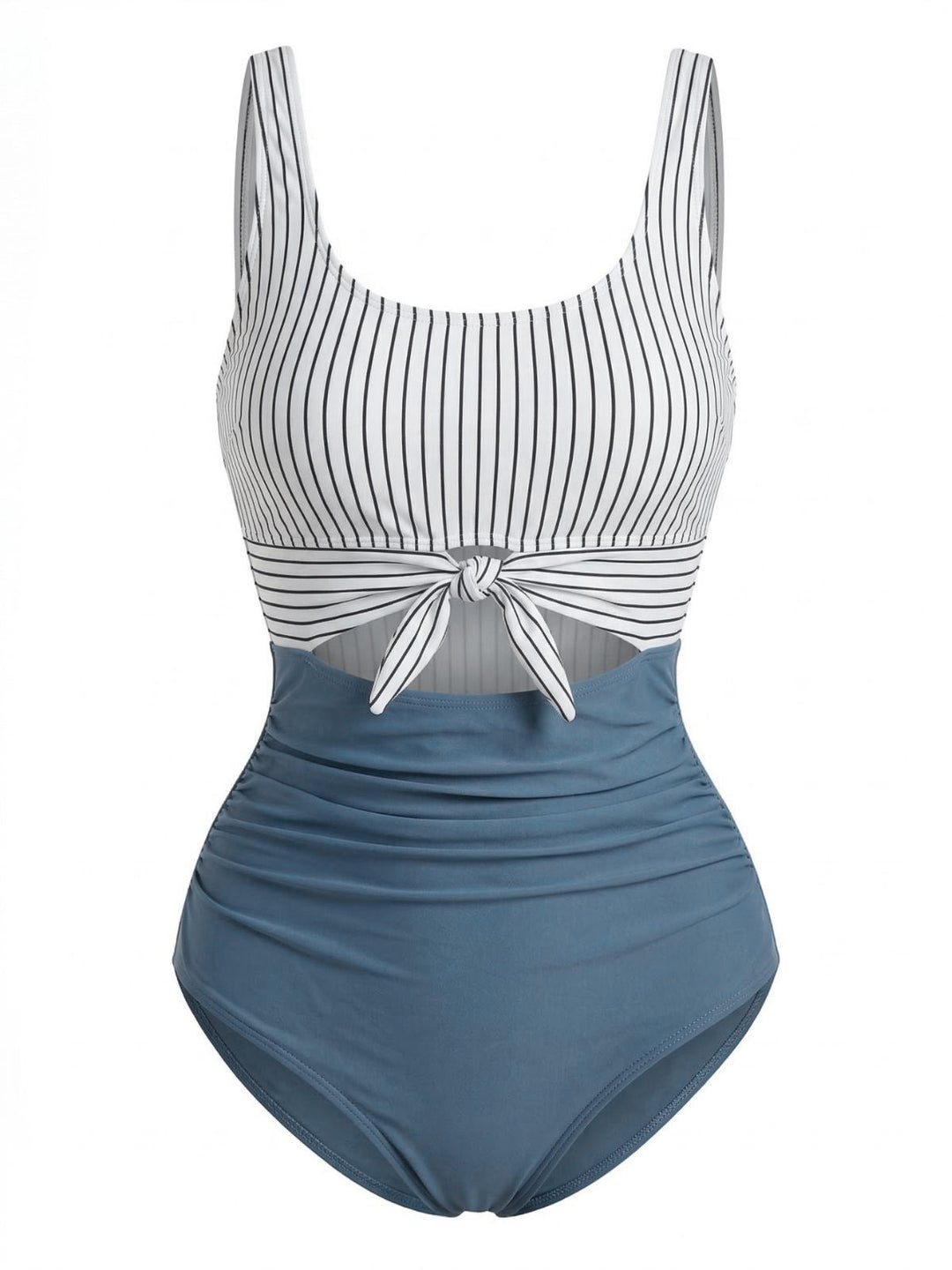 Blue High-Waist Stripe Cutout One-Piece Swimsuit - vintage swimsuit, swimwear for vintage lovers
