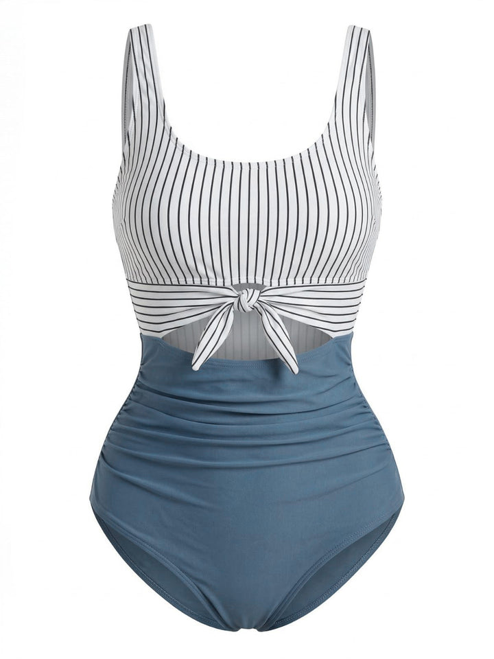 Blue High-Waist Stripe Cutout One-Piece Swimsuit - vintage swimsuit, swimwear for vintage lovers