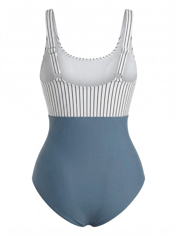 Blue High-Waist Stripe Cutout One-Piece Swimsuit - vintage swimsuit, swimwear for vintage lovers