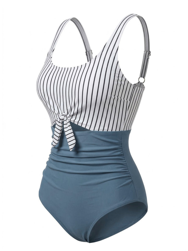 Blue High-Waist Stripe Cutout One-Piece Swimsuit - vintage swimsuit, swimwear for vintage lovers