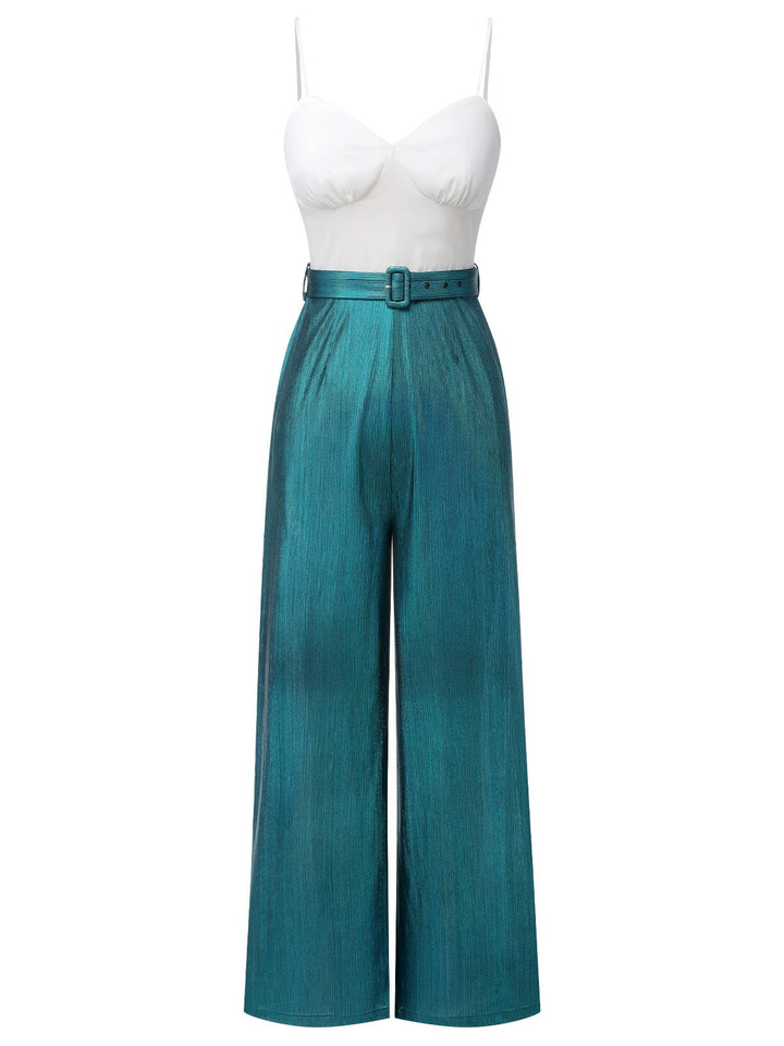 Blue 1930s Laser Flashing Spaghetti Strap Jumpsuit, vintage romper, retro jumpsuit - perfect for women who love vintage and retro fashion