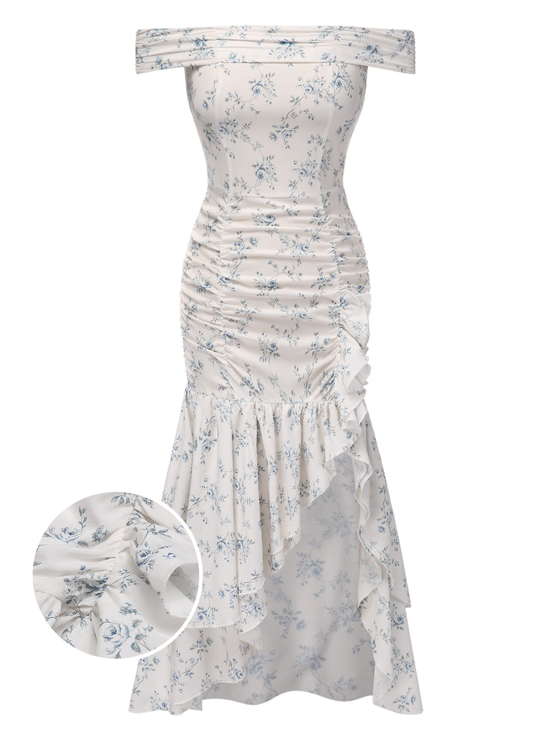 She slips into this Blue 1930s Off-Shoulder Floral Ruffles Hem Dress and suddenly it&