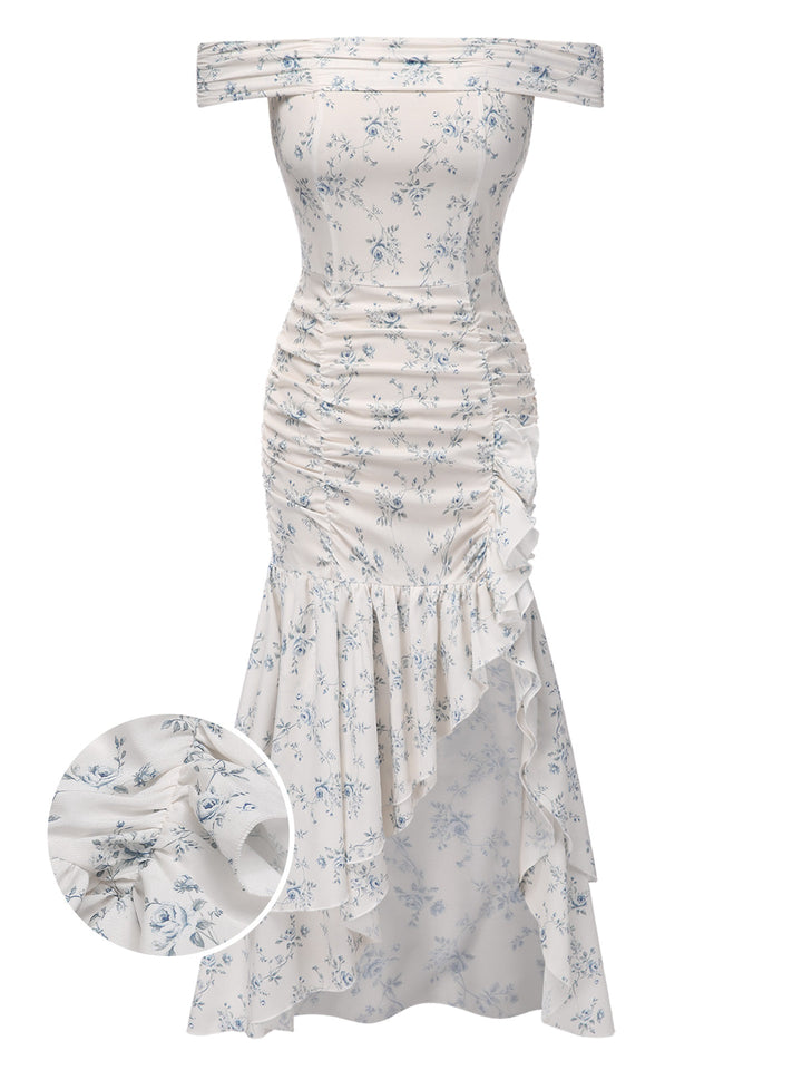 She slips into this Blue 1930s Off-Shoulder Floral Ruffles Hem Dress and suddenly it&