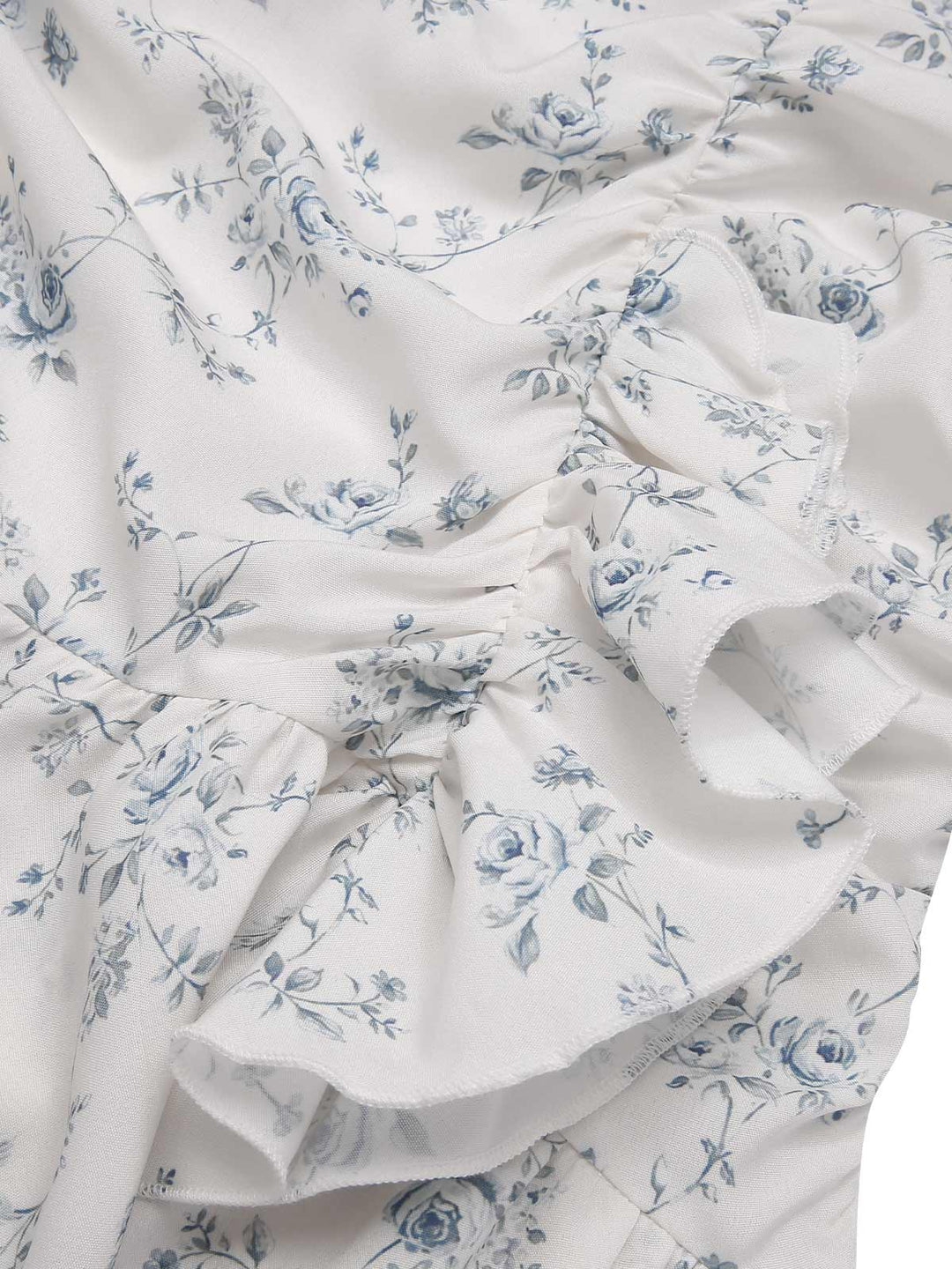 She slips into this Blue 1930s Off-Shoulder Floral Ruffles Hem Dress and suddenly it&