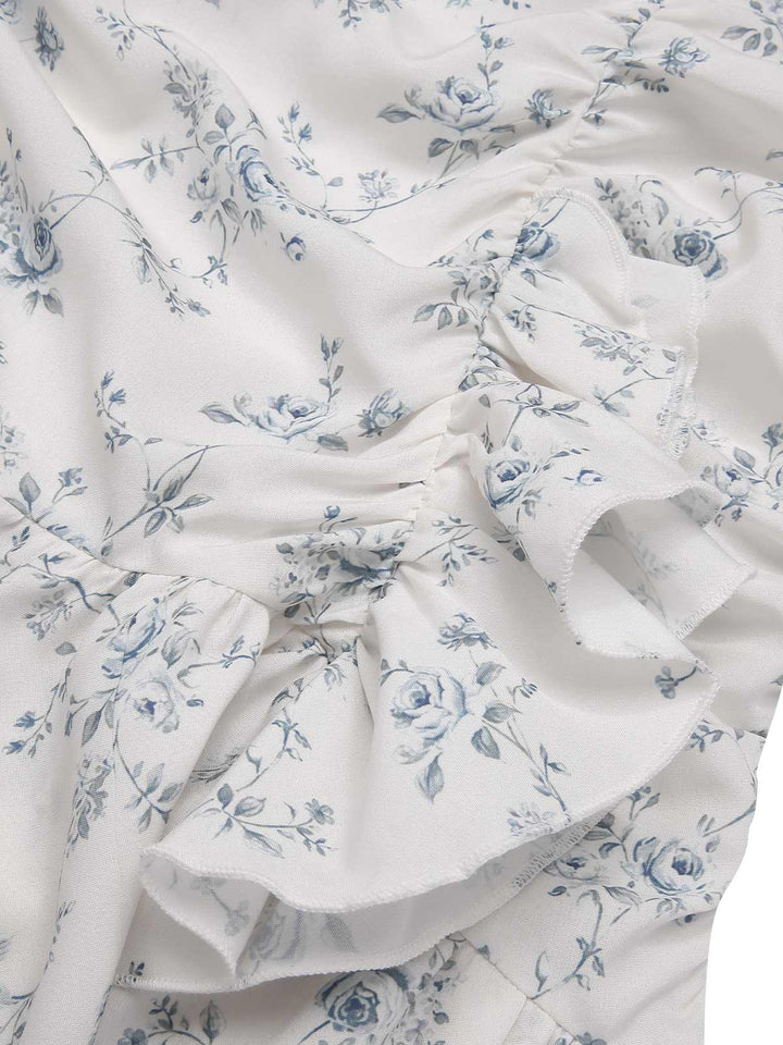She slips into this Blue 1930s Off-Shoulder Floral Ruffles Hem Dress and suddenly it&