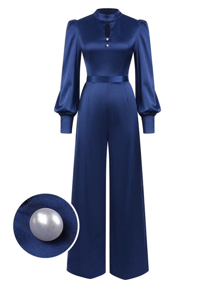 She finds her 1930s story in this Blue 1930s Satin Bishop Sleeves Jumpsuit