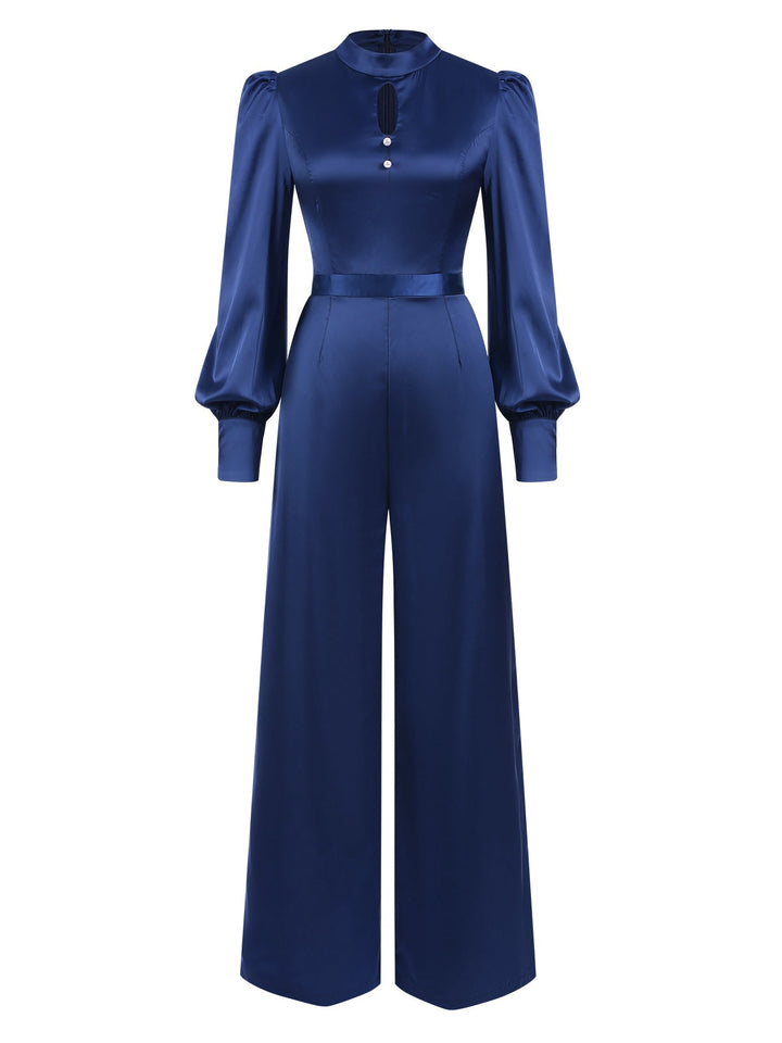 Blue 1930s Satin Bishop Sleeves Jumpsuit, vintage romper, retro jumpsuit - perfect for women who love vintage and retro fashion
