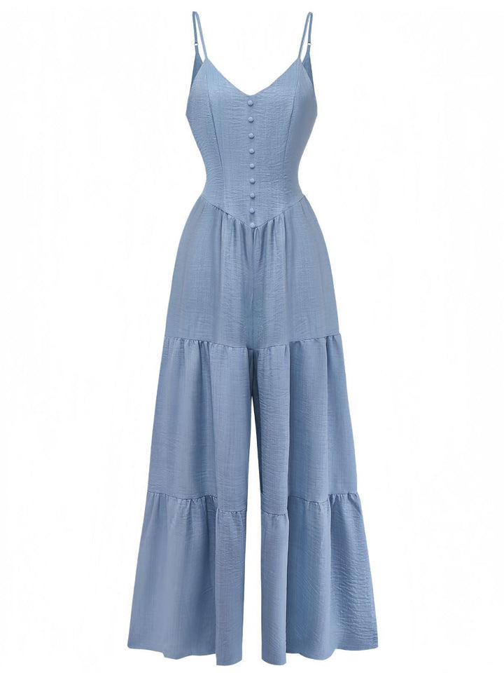Blue 1930s Solid Deep V Tiered Ruched Jumpsuit - vintage jumpsuit, retro fashion, elegant red