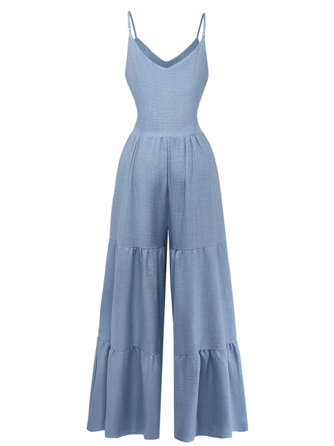 Blue 1930s Solid Deep V Tiered Ruched Jumpsuit - vintage jumpsuit, retro fashion, elegant red