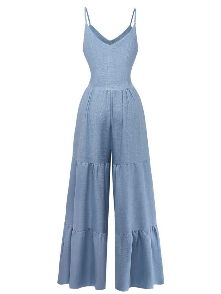 Blue 1930s Solid Deep V Tiered Ruched Jumpsuit - vintage jumpsuit, retro fashion, elegant red