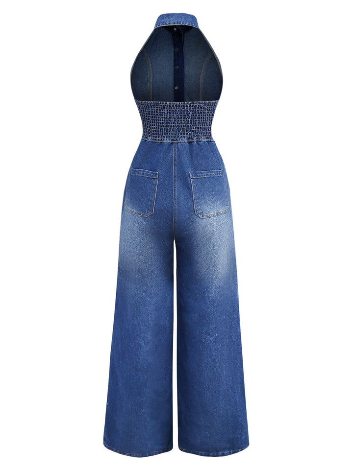 Blue 1930s Lapel Sleeveless Wideleg Denim Jumpsuit - vintage jumpsuit, retro fashion