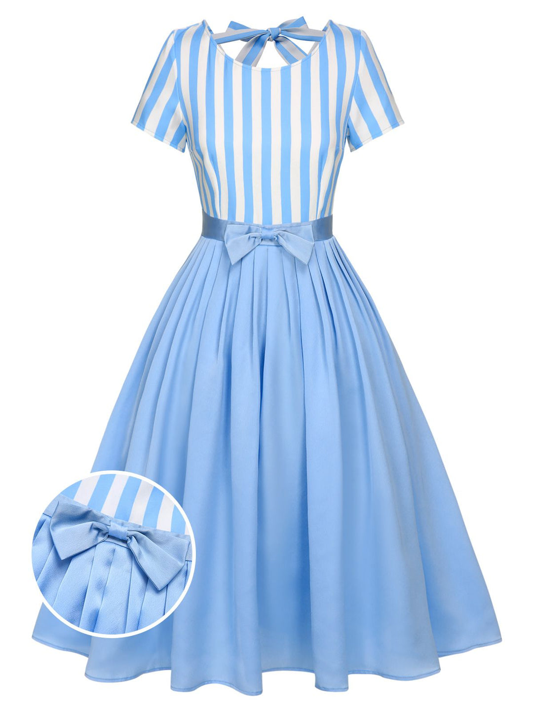 She slips into this Blue 1940s Boat Neck Stripes Bow Dress and suddenly it&