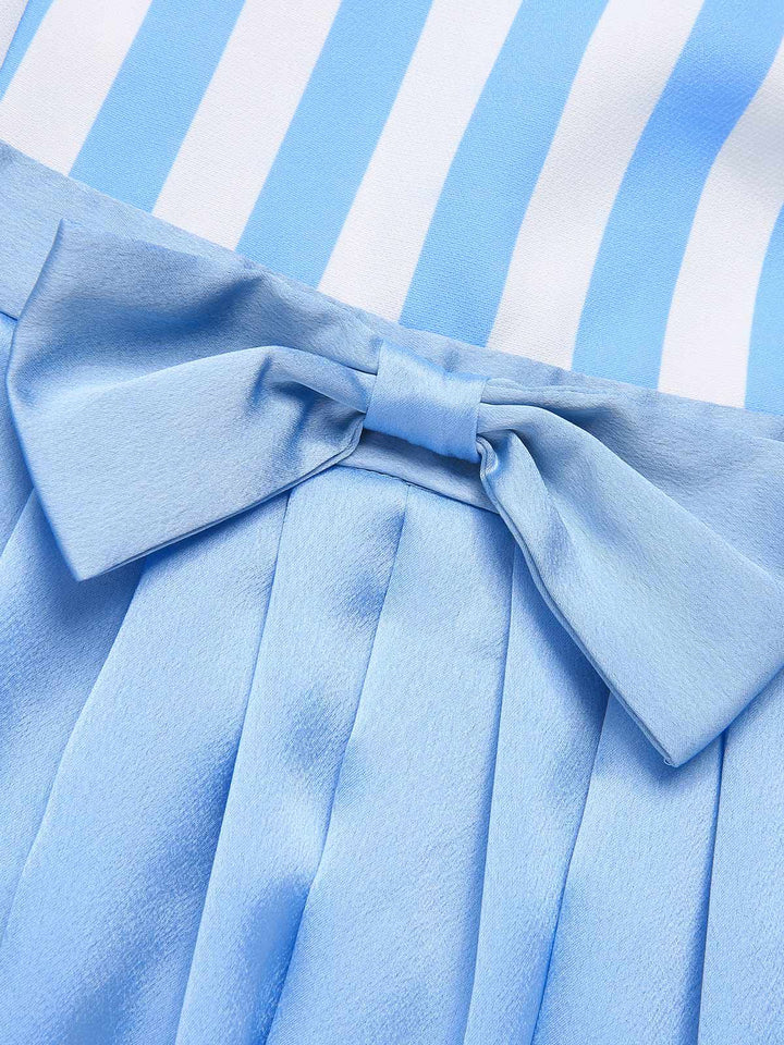 She slips into this Blue 1940s Boat Neck Stripes Bow Dress and suddenly it&