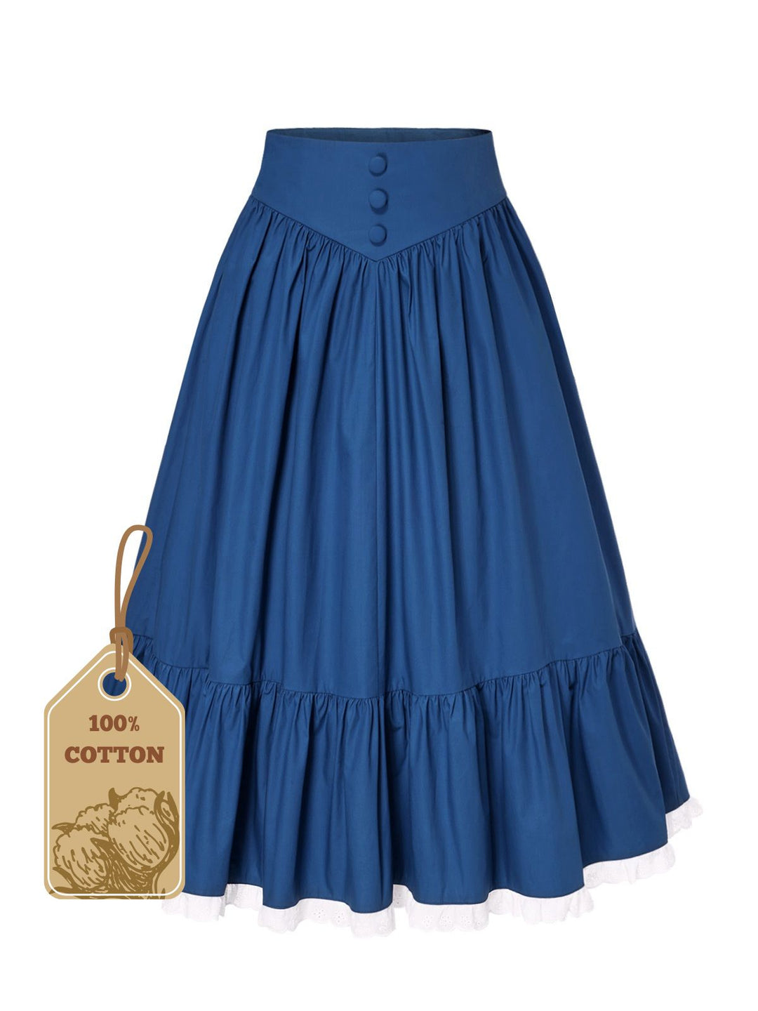 She sways in this Blue 1940s Cotton Lace Hem Pleated Skirt and it&