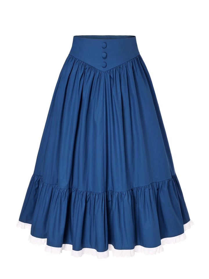 2PCS 1940s Cotton Cream V-Neck Top &amp; Blue Pleated Skirt: a 1940s classic that whispers rather than shouts