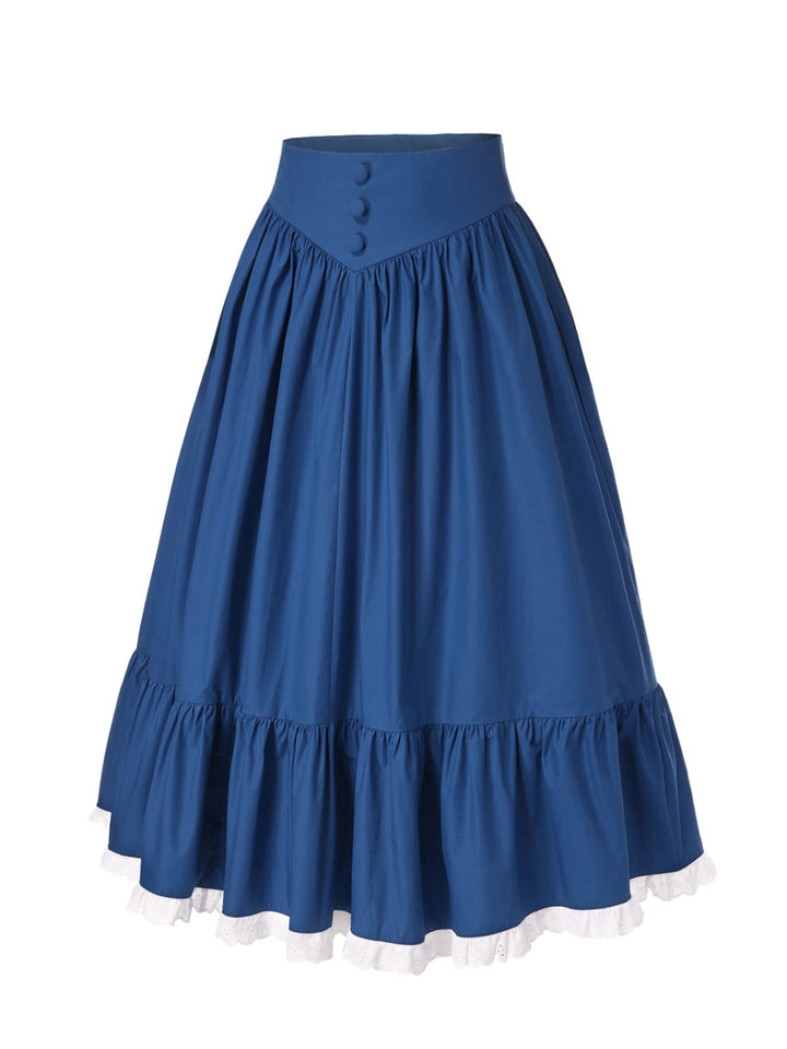 This 2PCS 1940s Cotton Cream V-Neck Top &amp; Blue Pleated Skirt brings 1940s soul to her everyday