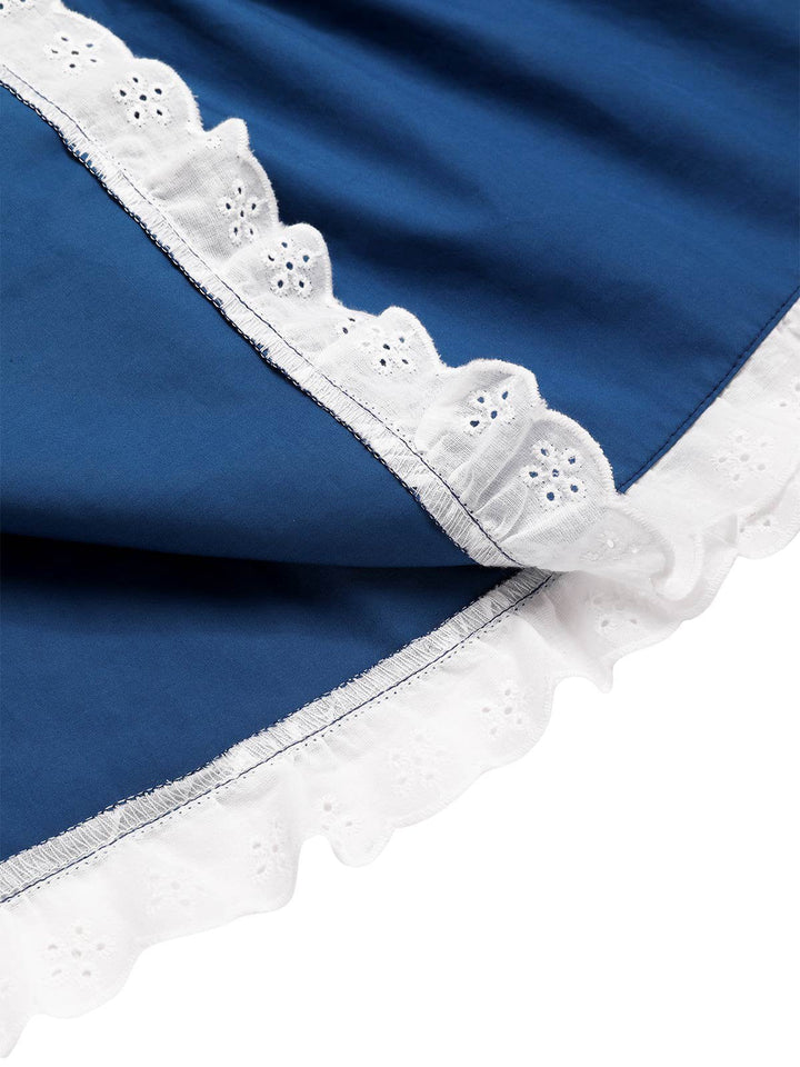 She pairs this 2PCS 1940s Cotton Cream V-Neck Top &amp; Blue Pleated Skirt with confidence and 1940s charm