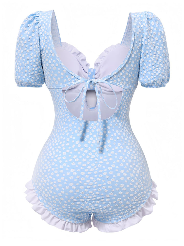 Blue 1940s Ditsy Floral Ruffles One-Piece Swimsuit: 1940s Riviera elegance, reimagined for her