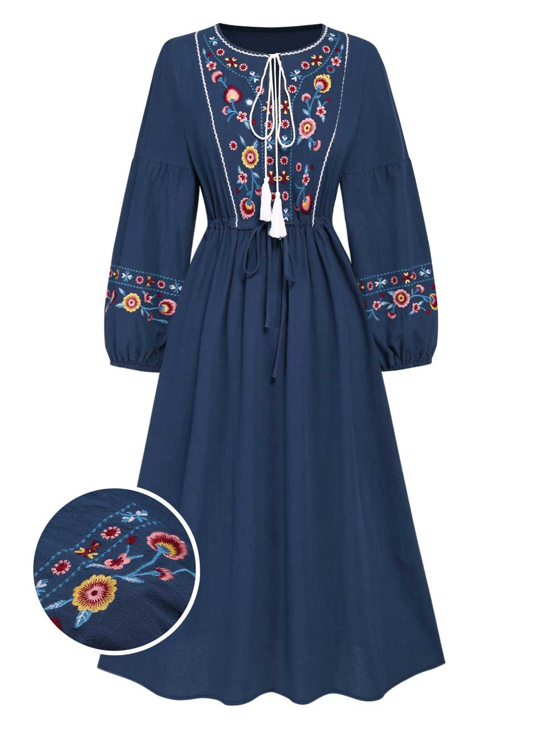 She slips into this Blue 1940s Embroidered Floral Lantern Sleeve Dress and suddenly it&