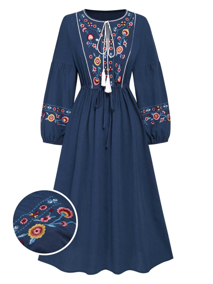 She slips into this Blue 1940s Embroidered Floral Lantern Sleeve Dress and suddenly it&