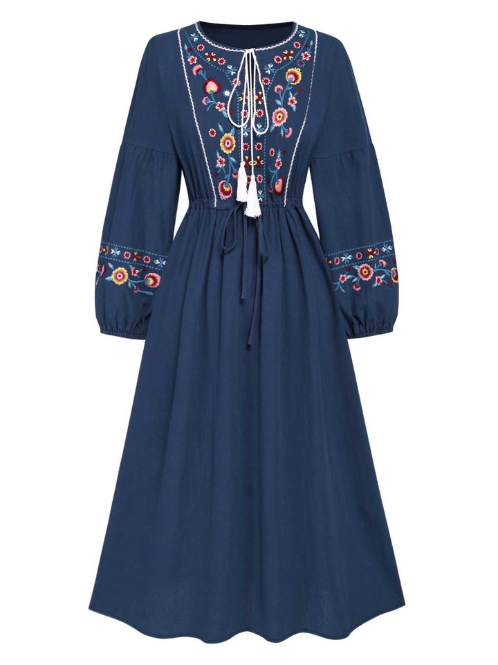 Blue 1940s Embroidered Floral Lantern Sleeve Dress: where 1940s romance meets her modern spirit