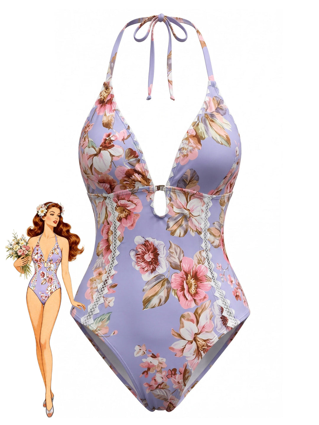 Blue--Floral-Lace-Trim-Halter-One-Piece-Swimsuit, vintage, retro, swimwear