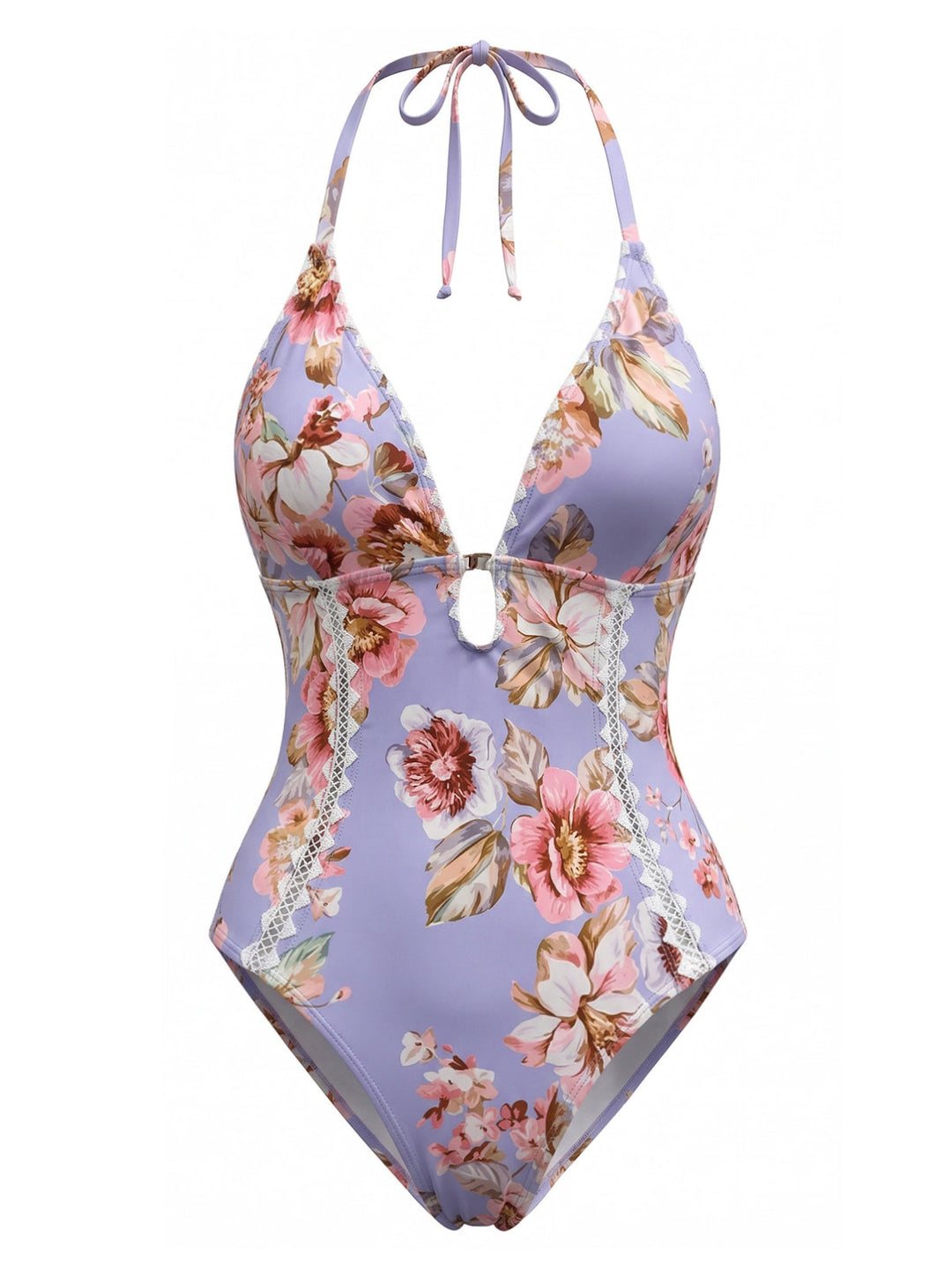 Blue--Floral-Lace-Trim-Halter-One-Piece-Swimsuit, vintage, retro, swimwear