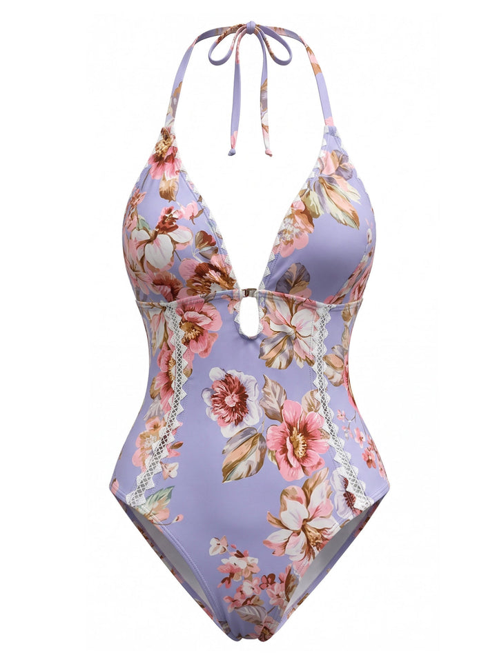 Blue--Floral-Lace-Trim-Halter-One-Piece-Swimsuit, vintage, retro, swimwear
