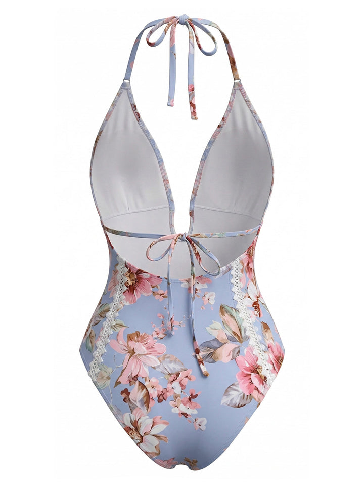 Blue--Floral-Lace-Trim-Halter-One-Piece-Swimsuit, vintage, retro, swimwear