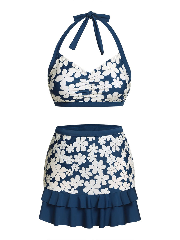 Blue 1940s Floral Ruffles Halter Swimsuit — vintage elegance for the modern woman