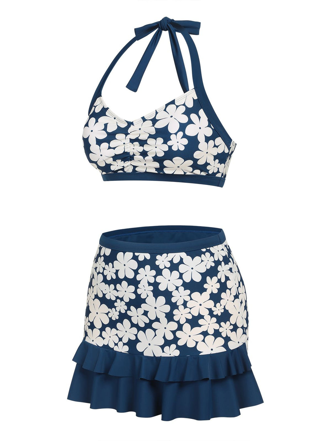 Blue 1940s Floral Ruffles Halter Swimsuit: timeless style reimagined