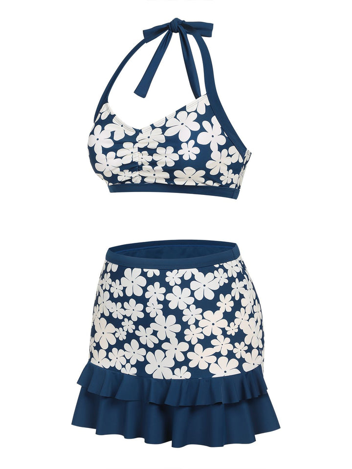 Blue 1940s Floral Ruffles Halter Swimsuit: timeless style reimagined
