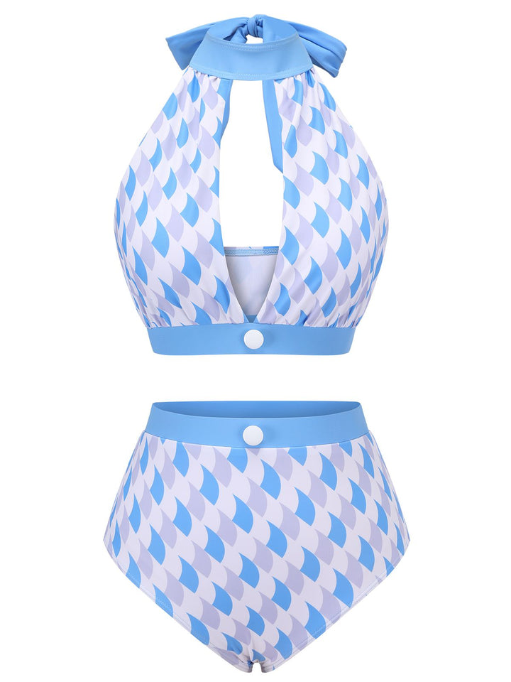 Blue 1940s Hole Collar Halter Swimsuit, vintage swimsuit, pin-up swimwear - perfect for women who love vintage and retro fashion