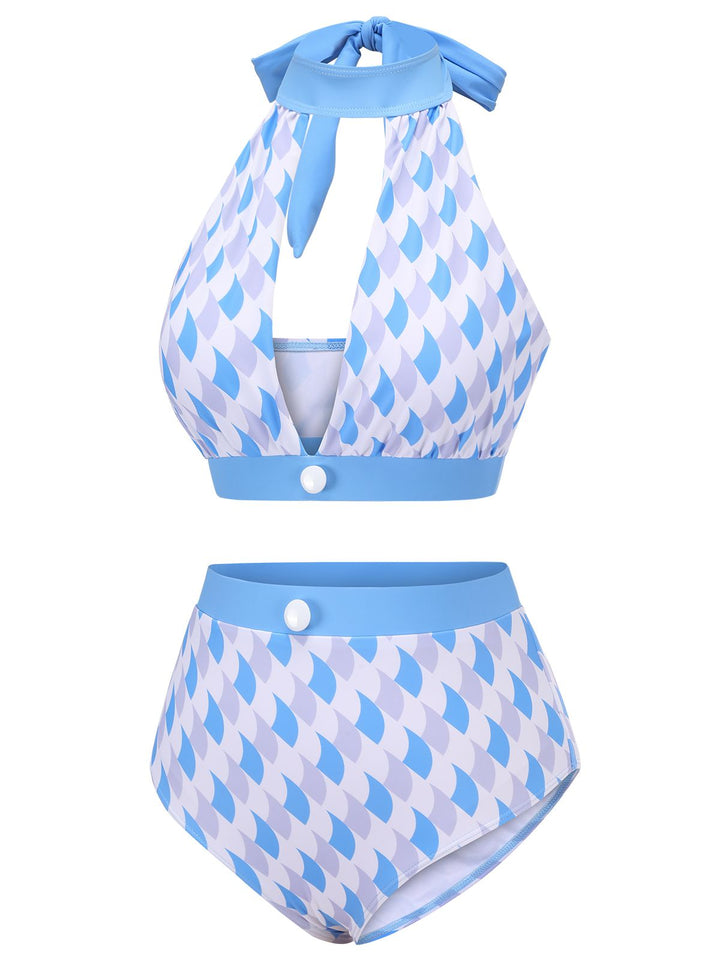 Blue 1940s Hole Collar Halter Swimsuit, vintage swimsuit, pin-up swimwear - perfect for women who love vintage and retro fashion