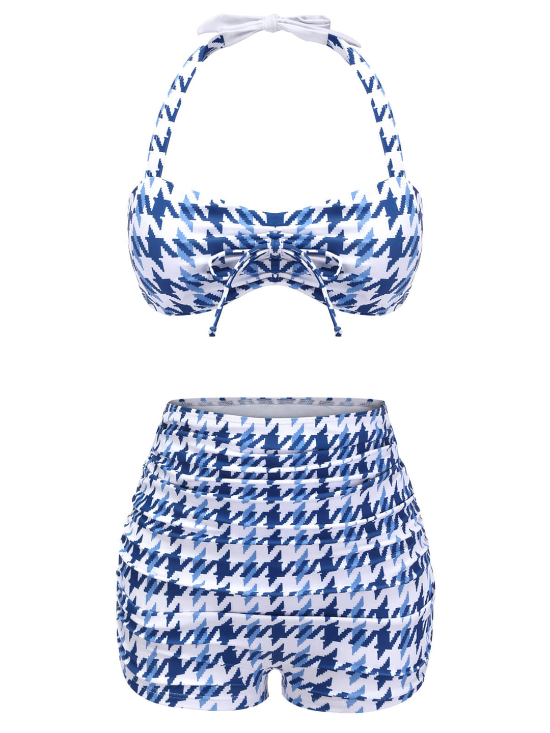 Blue 1940s Houndstooth Bow Halter Swimsuit, vintage swimsuit, pin-up swimwear - perfect for women who love vintage and retro fashion
