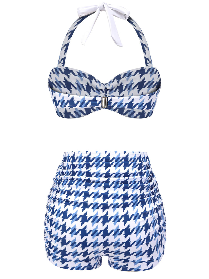 Blue 1940s Houndstooth Bow Halter Swimsuit, vintage swimsuit, pin-up swimwear - perfect for women who love vintage and retro fashion