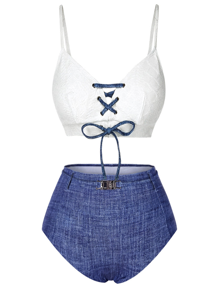 Blue 1940s Lace-Up Halter Faux Denim Bikini Set - vintage swimwear, retro swimsuit, pin-up style for vintage lovers