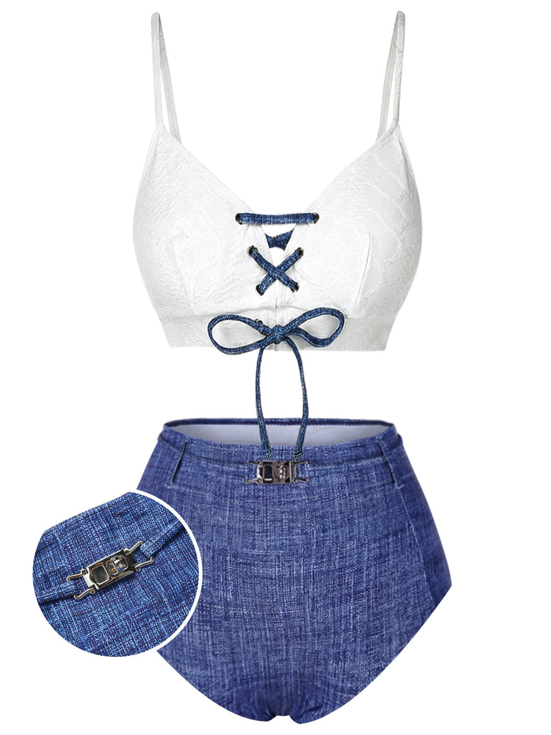 Blue 1940s Lace-Up Halter Faux Denim Bikini Set: beautiful vintage swimwear, retro swimsuit, pin-up style with timeless appeal