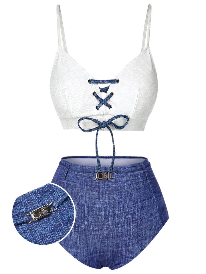Blue 1940s Lace-Up Halter Faux Denim Bikini Set: beautiful vintage swimwear, retro swimsuit, pin-up style with timeless appeal