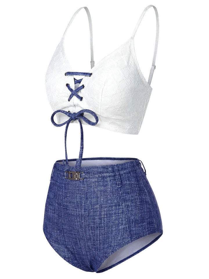 Blue 1940s Lace-Up Halter Faux Denim Bikini Set | vintage swimwear, retro swimsuit, pin-up style - perfect for retro fashion enthusiasts