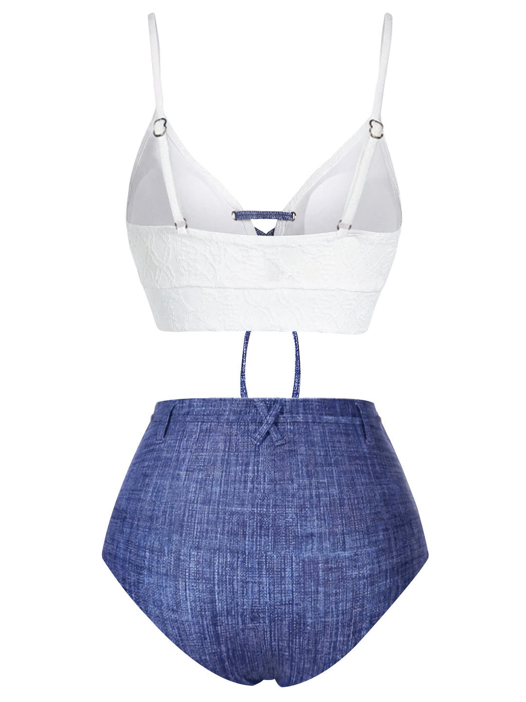 Blue 1940s Lace-Up Halter Faux Denim Bikini Set - vintage swimwear, retro swimsuit, pin-up style for vintage lovers