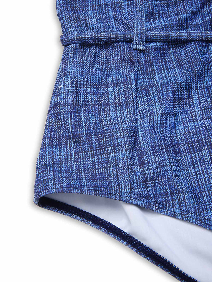 Blue 1940s Lace-Up Halter Faux Denim Bikini Set - vintage swimwear, retro swimsuit, pin-up style for vintage lovers