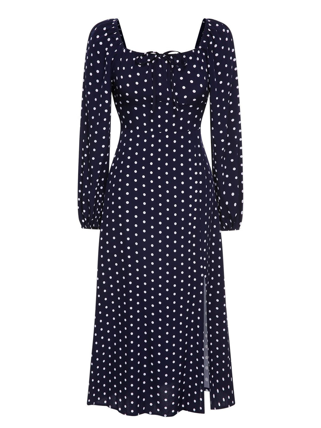 She slips into this Blue 1940s Lantern Sleeve Polka Dots Dress and suddenly it&