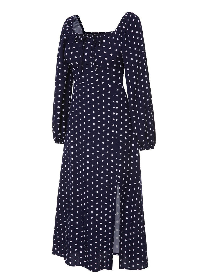Blue 1940s Lantern Sleeve Polka Dots Dress: where 1940s romance meets her modern spirit
