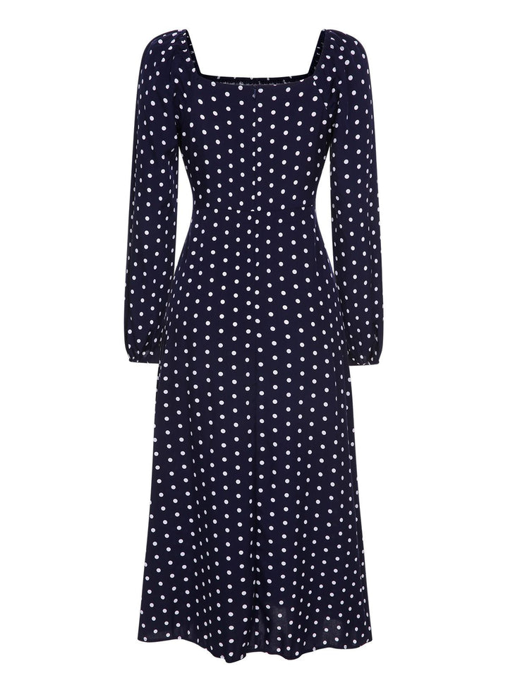 This Blue 1940s Lantern Sleeve Polka Dots Dress wraps her in 1940s elegance, one twirl at a time